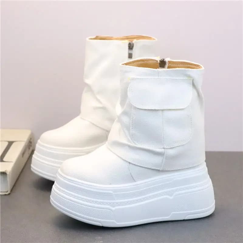 Sneakers alte in tela da donna con tacco nascosto da 12 cm, stivaletti bianchi alla moda, scarpe casual per jeans skinny, scarpe con plateau