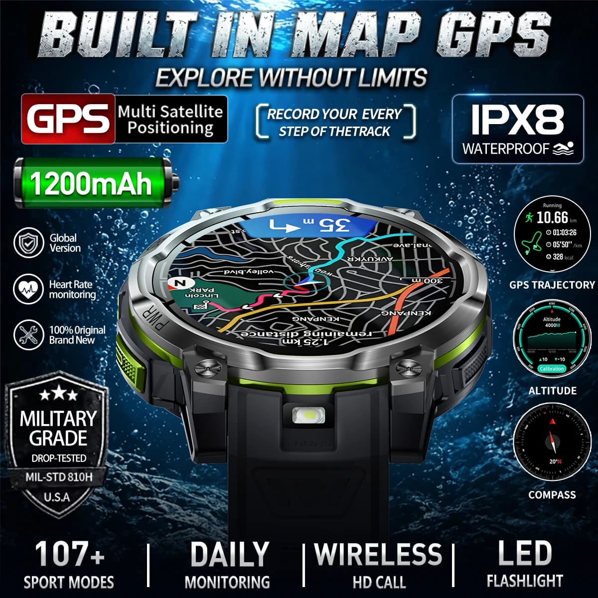 LIGE New GPS Sports Smart Watch Offline Map 1200mAh Battery 1.46" Display IPX8 Swim Waterproof LED Flash Fitness Call Smartwatch