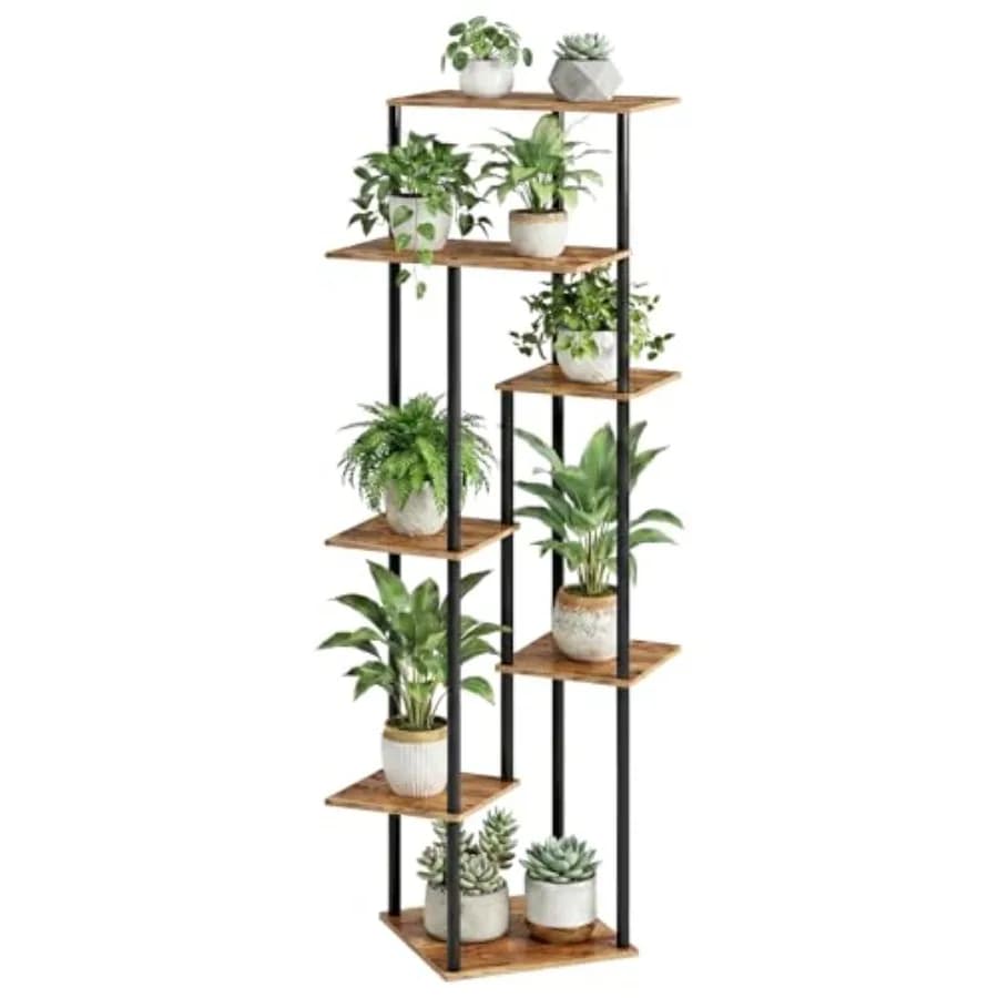 Supporto per Piante Alto da Interno a 7 Livelli in Metallo e Legno, Scaffale per Piante Multiple, Porta Vasi Angolare per Soggiorno e Balcone