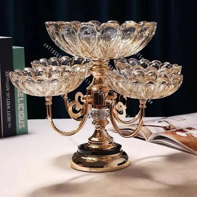 European-style Gold Metal Crystal Dried Turkish Fruit Plate Set, Luxury Gold Metal Glass Fruit Display Plate