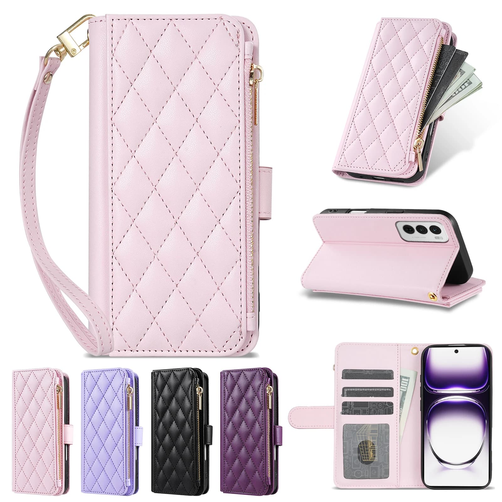Custodia a Portafoglio in Pelle con Cerniera, Scomparti per Carte, Funzione Stand e Chiusura Magnetica per Oppo Reno 10 Pro+, 11 F, 12 Pro, 12F