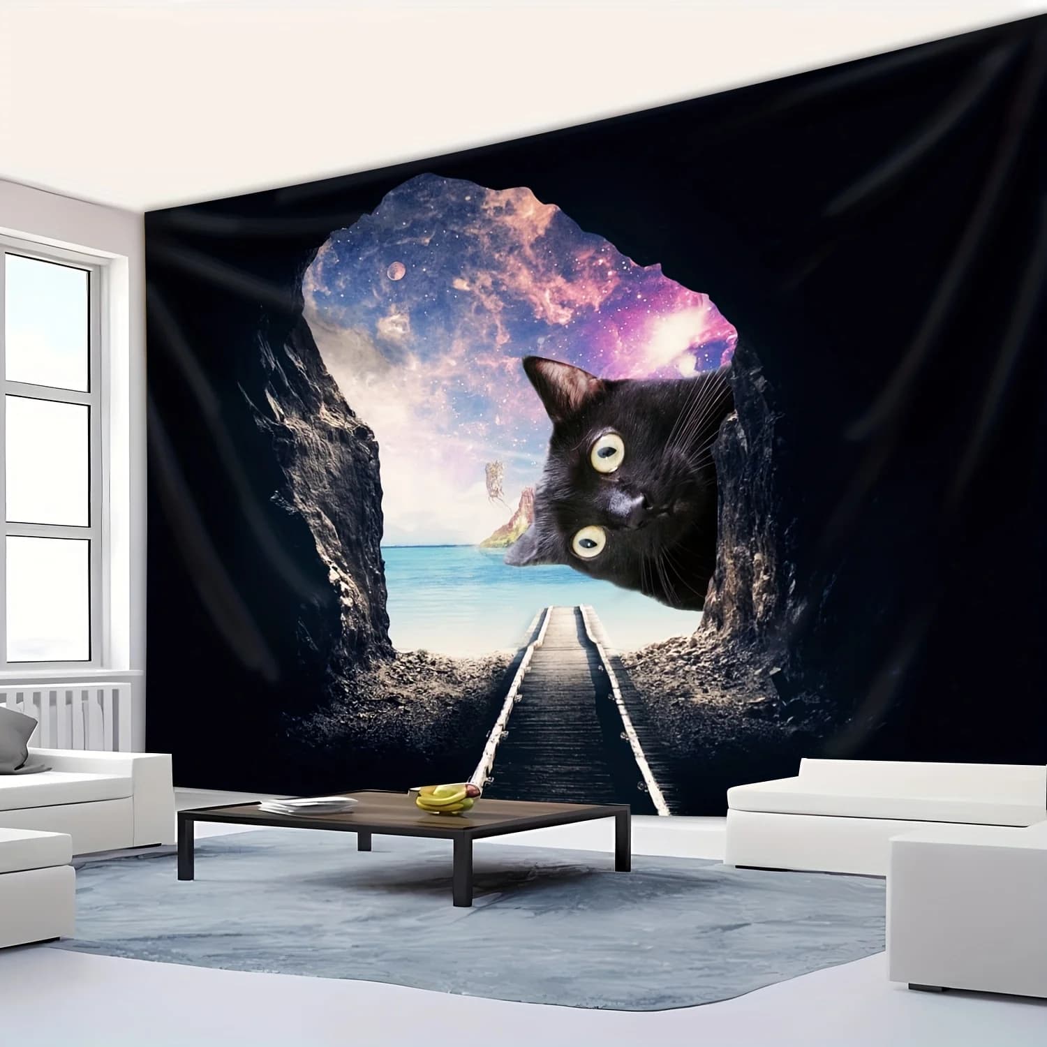 Oversized Mysterious Cave Cat Tapestry-Vibrant wall hanging cosmic feline design, perfect for living room, bedroom decor