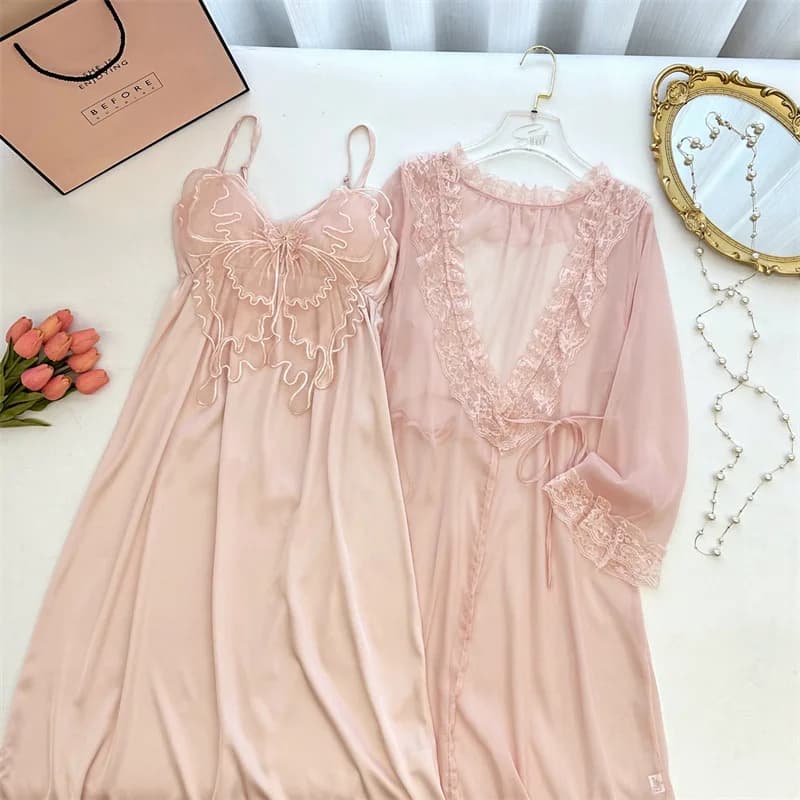 Sexy bathrobe in lace women's dress Kimono pajameria bride Twinset Robe Set short style knit shirt summer ice silk Loungewear
