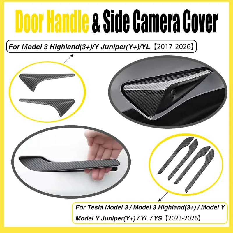 Side Camera Cover & Door Handle Protector Set for Tesla Model 3 Highland, Model Y Juniper / YL, Exterior Car Accessories
