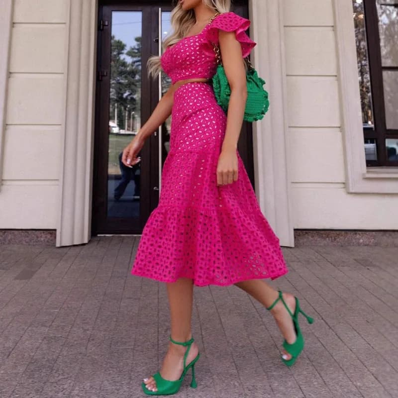 Moda vita alta solido 2 pezzi abiti donna elegante ricamo gonna cava set sexy scollo a V manica corta top e mezza gonna
