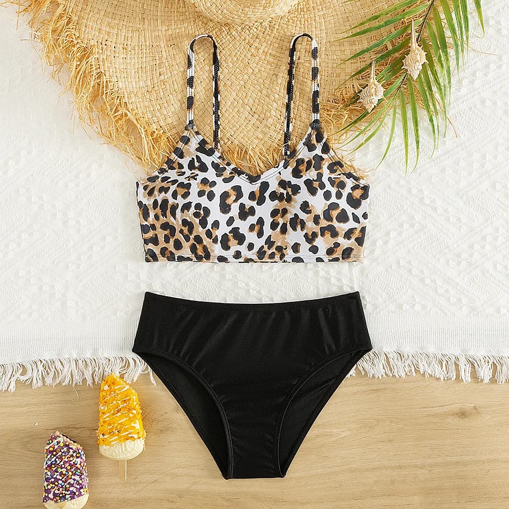 7-15Y Teen Girls Leopard Print Swimwear bambini due pezzi costumi da bagno per ragazza Hot Summer Beach costume da bagno Biquini Infantil