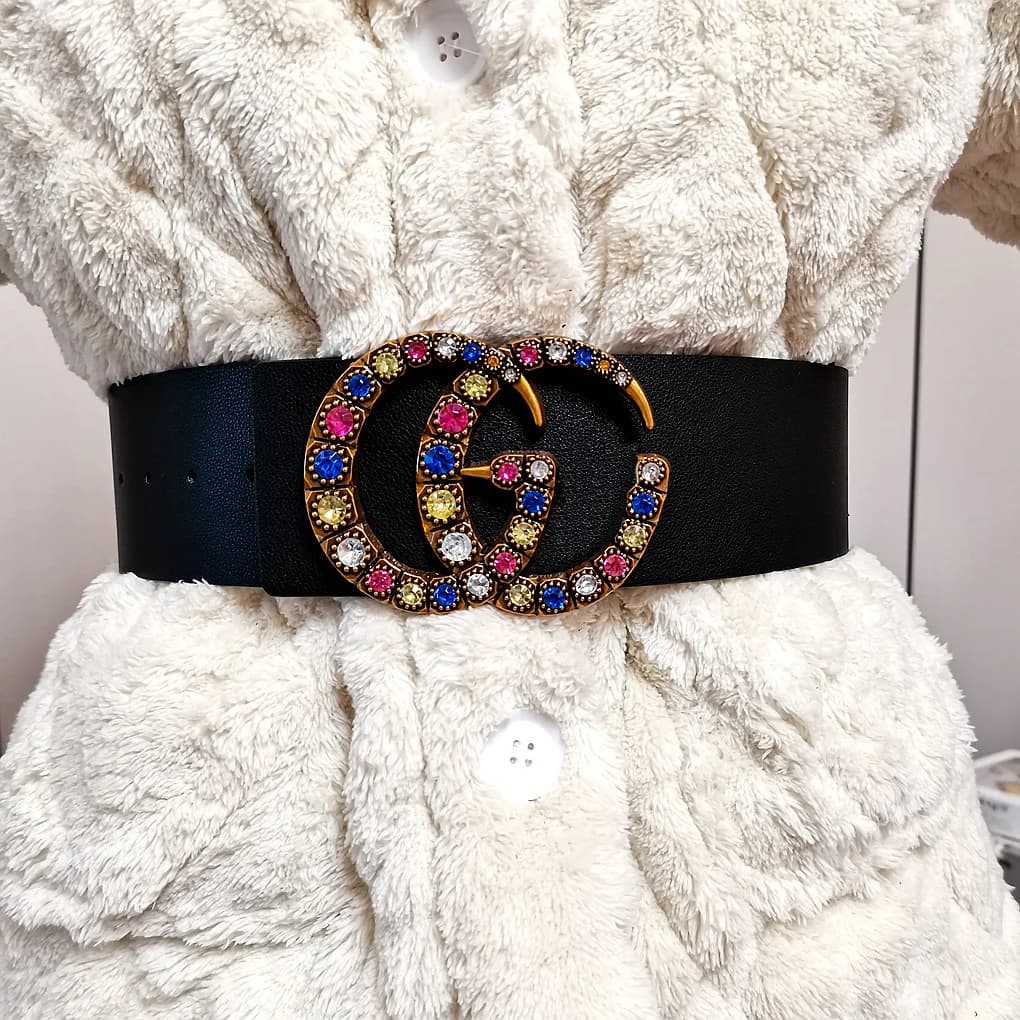Cintura Italiana di Alta Gamma, Cintura Casual Ultra Larga, Cintura da Donna con Diamanti Colorati, Abbinabile a un Vestito, Cintura di Nicchia e Jeans