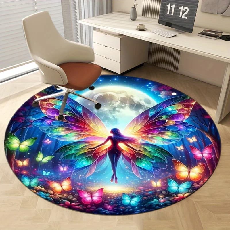 Fairy Butterfly Round Area Rug, Magical Fantasy Non Slip Circle Carpet, Washable Living Room Bedroom Mat