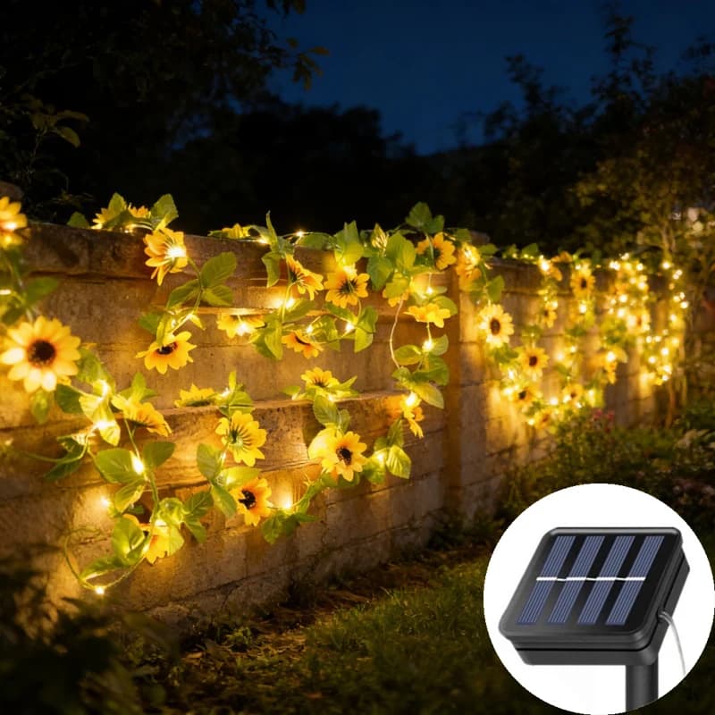 Solar Sunflower Shape Luminous Chain with 20/50/100 LED, Outdoor Lamp with Artificial Sheets for Camping, Garden, Recination, Wedding Decoration