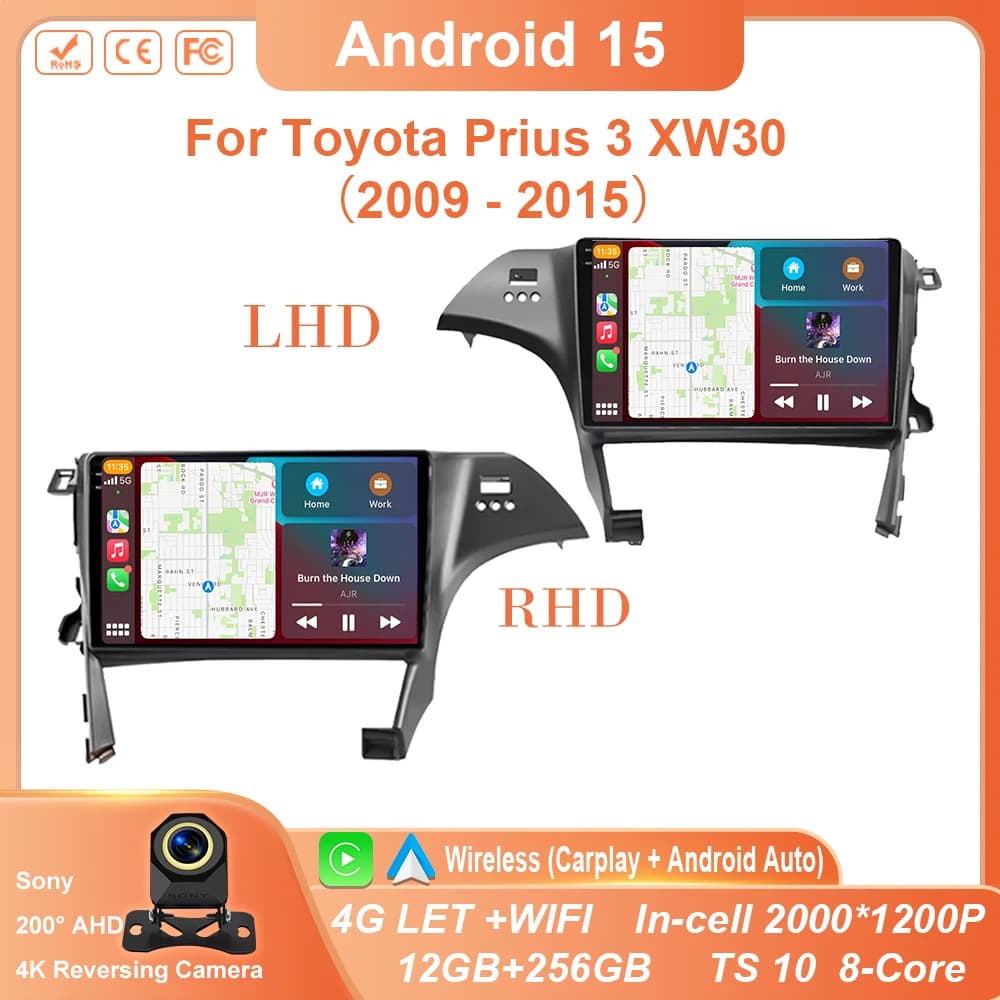 Android 15 For Toyota Prius 3 XW30 2009 - 2015 Driver Destro Auto Radio Screen Multimedia GPS Navigation 2din DVD 5G