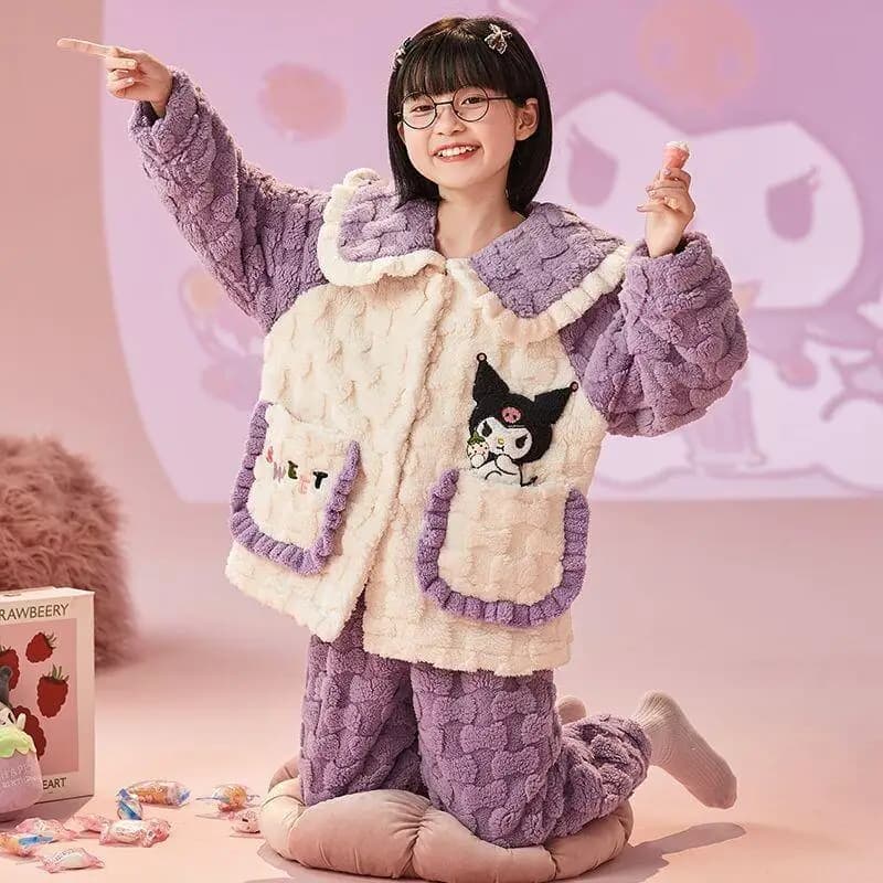 Pigiama in due pezzi in pile corallo caldo e confortevole per bambine Sanrio Kuromi Cinnamoroll My Melody Pochacco, primavera/inverno.