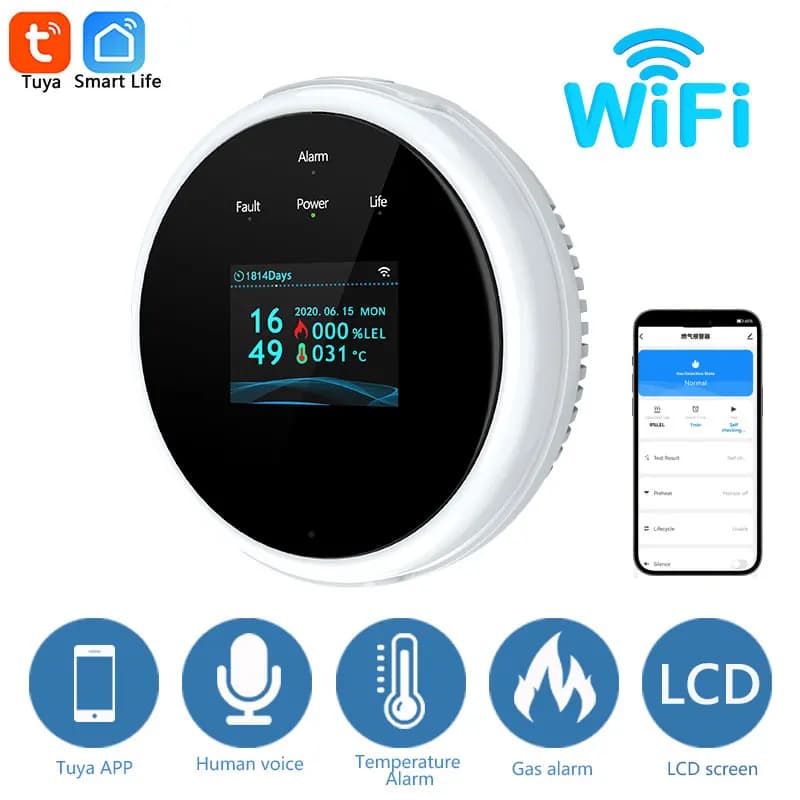 Tuya Wifi Rilevatore di perdite di gas naturale Sensore Allarme intelligente Sicurezza antincendio del gas Display digitale della temperatura a LED per la cucina domestica