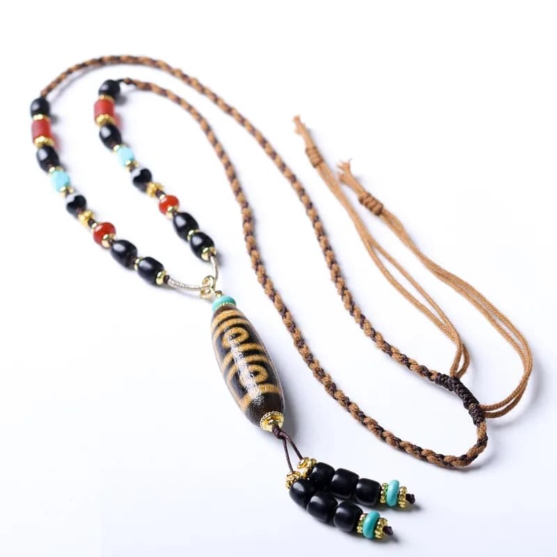 Collana con perla Dzi a quattro occhi in stile tibetano intrecciata a mano, catena etnica in agata nera per maglione, regali