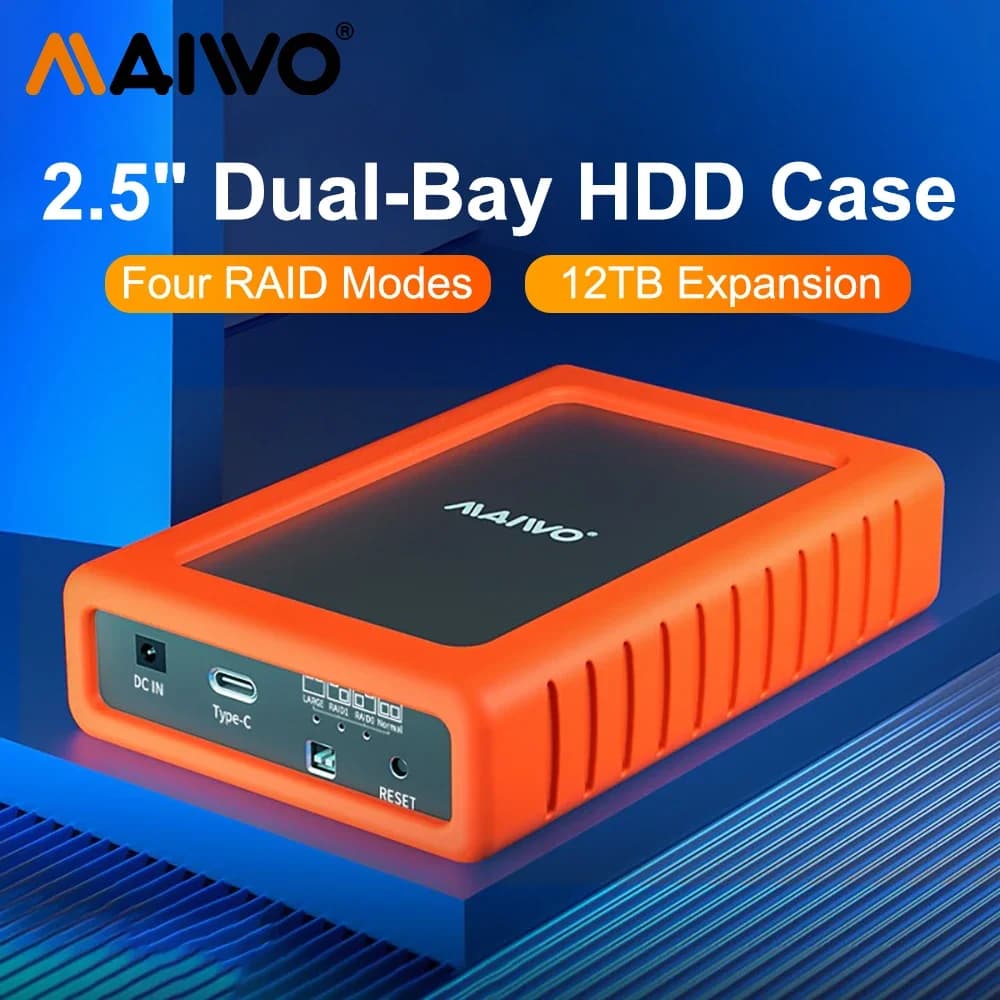 Custodia per array di dischi rigidi MAIWO Dual-bay per custodia SSD HDD esterna da 2,5 pollici RAID Array Type C Custodia per array a doppio disco da 2,5"