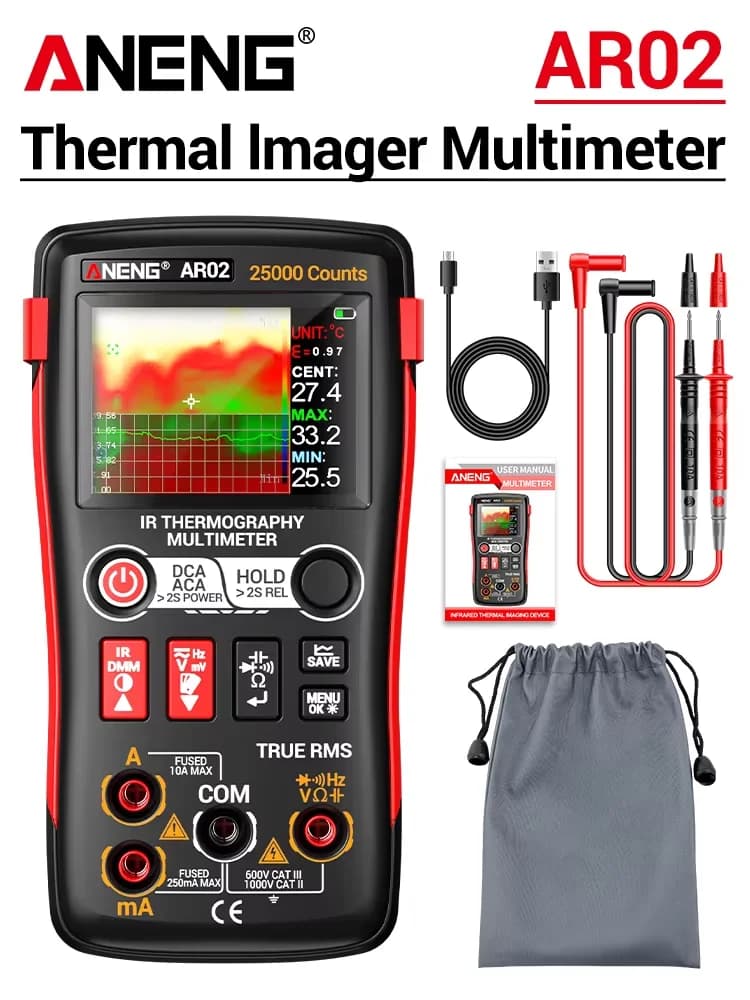 Termocamera Multimetro ANENG AR02 Termometro a Infrarossi 2 in 1 Sensore IR 96×96 Risoluzione IR 240×240 -20 ℃ ~150 ℃