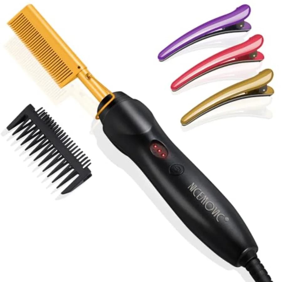 Ceramic Heating Hair Straightener Comb - Hot Pressing Brush for Natural Black Hair, Beard Wigs, and Curling Gold