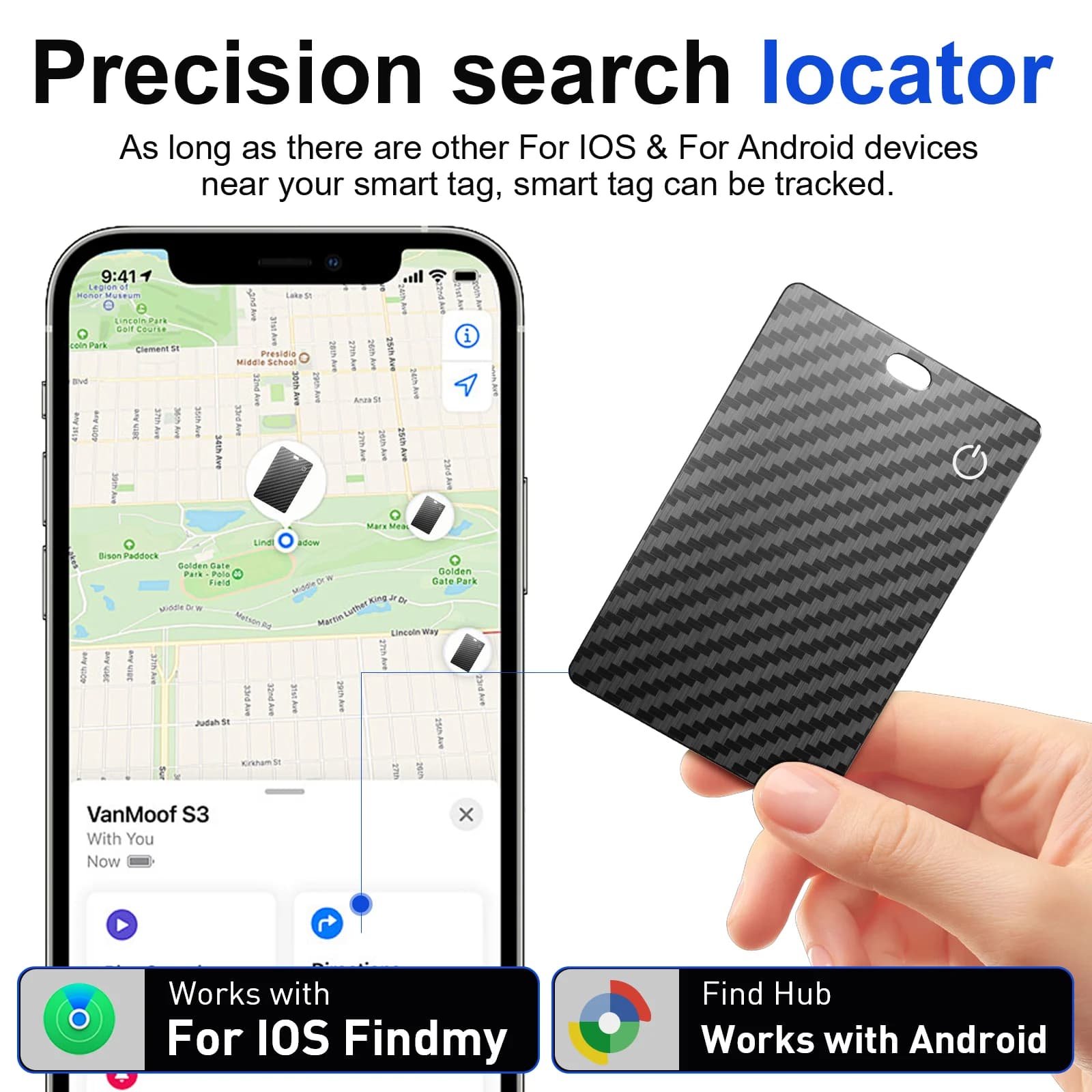 Carta di tracciamento portatile per portafoglio smart, ultra sottile e anti-smarrimento, compatibile con sistemi IOS e Android