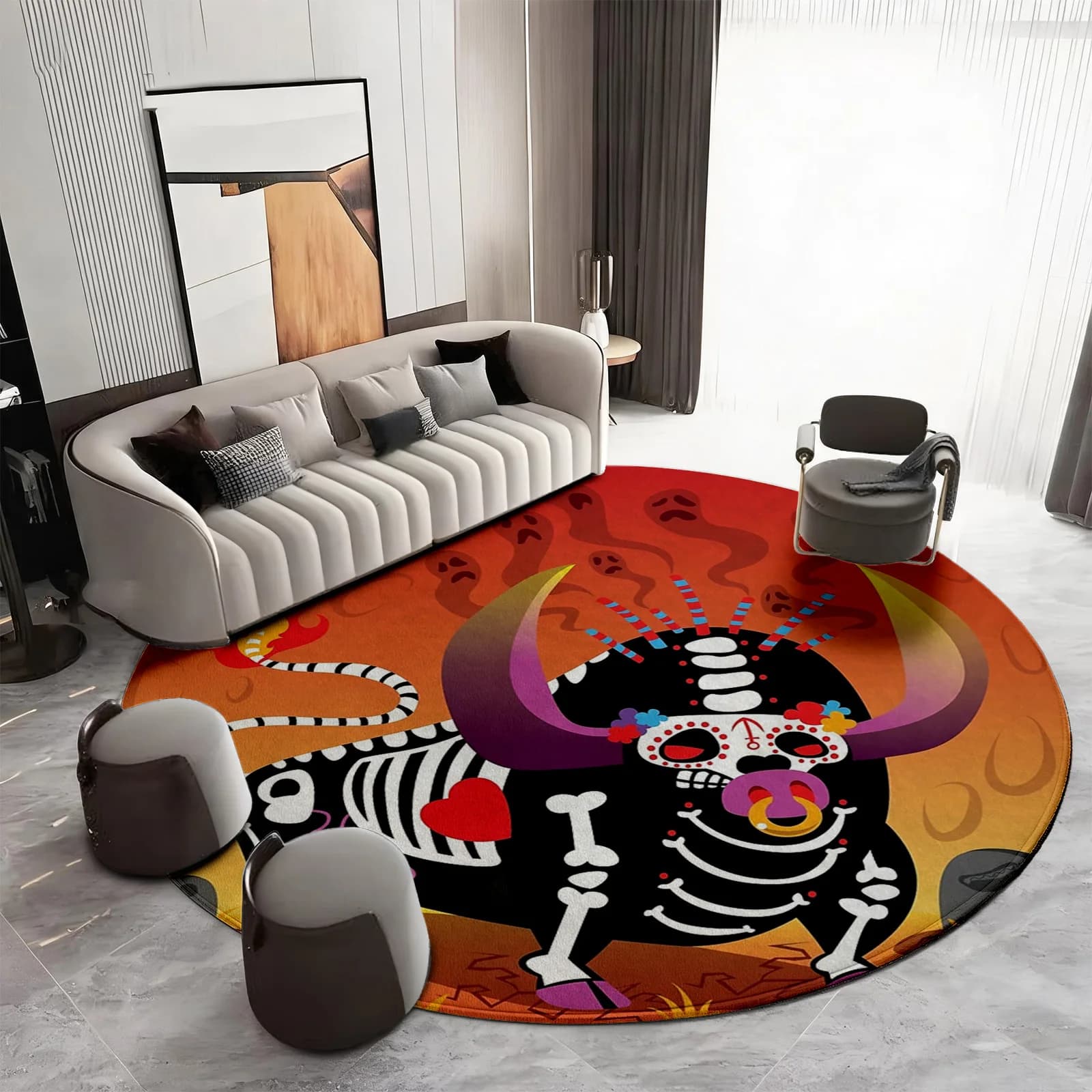 Vibrant Round Day of the Dead Skull Bull Area Rug Bohemian Mexican Art Boho Living Room Accent Carpet Decor Floor Mat