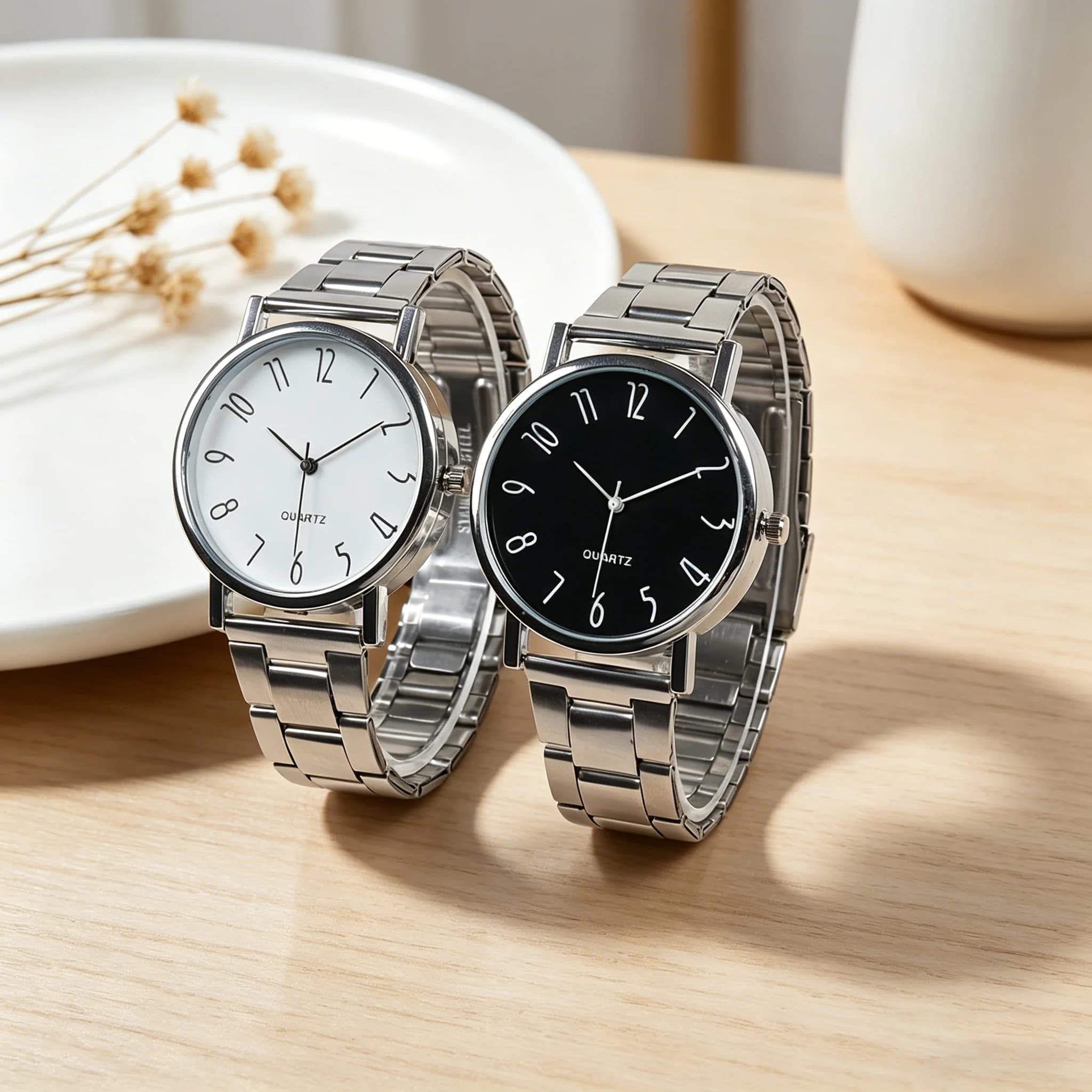 Orologio analogico al quarzo minimalista unisex, orologio da polso classico con quadrante rotondo nero/bianco e cinturino in metallo