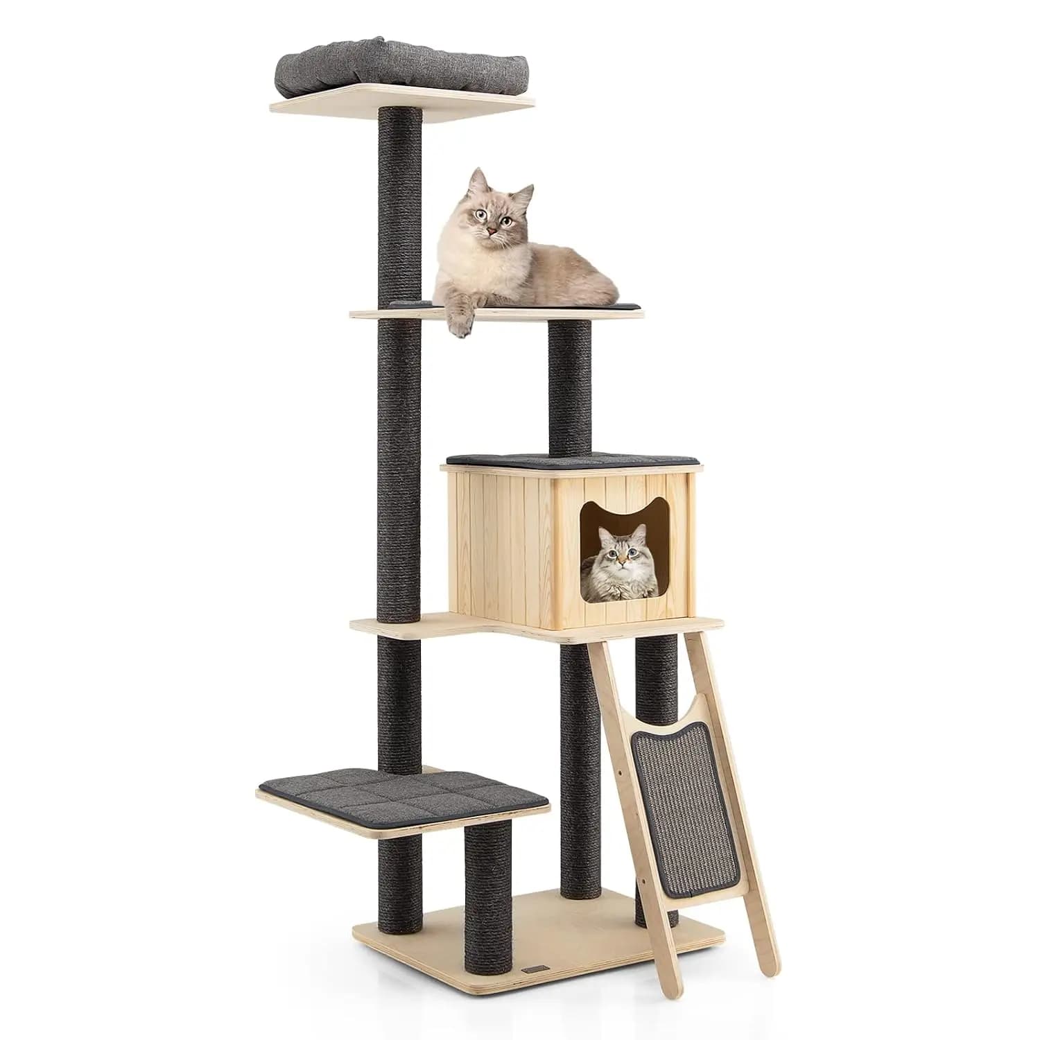 69" Wooden Cat Tree Tower Modern Activity Center Sisal Scratching Posts Board Condo Top Perch Indoor Cats Grey, Customized