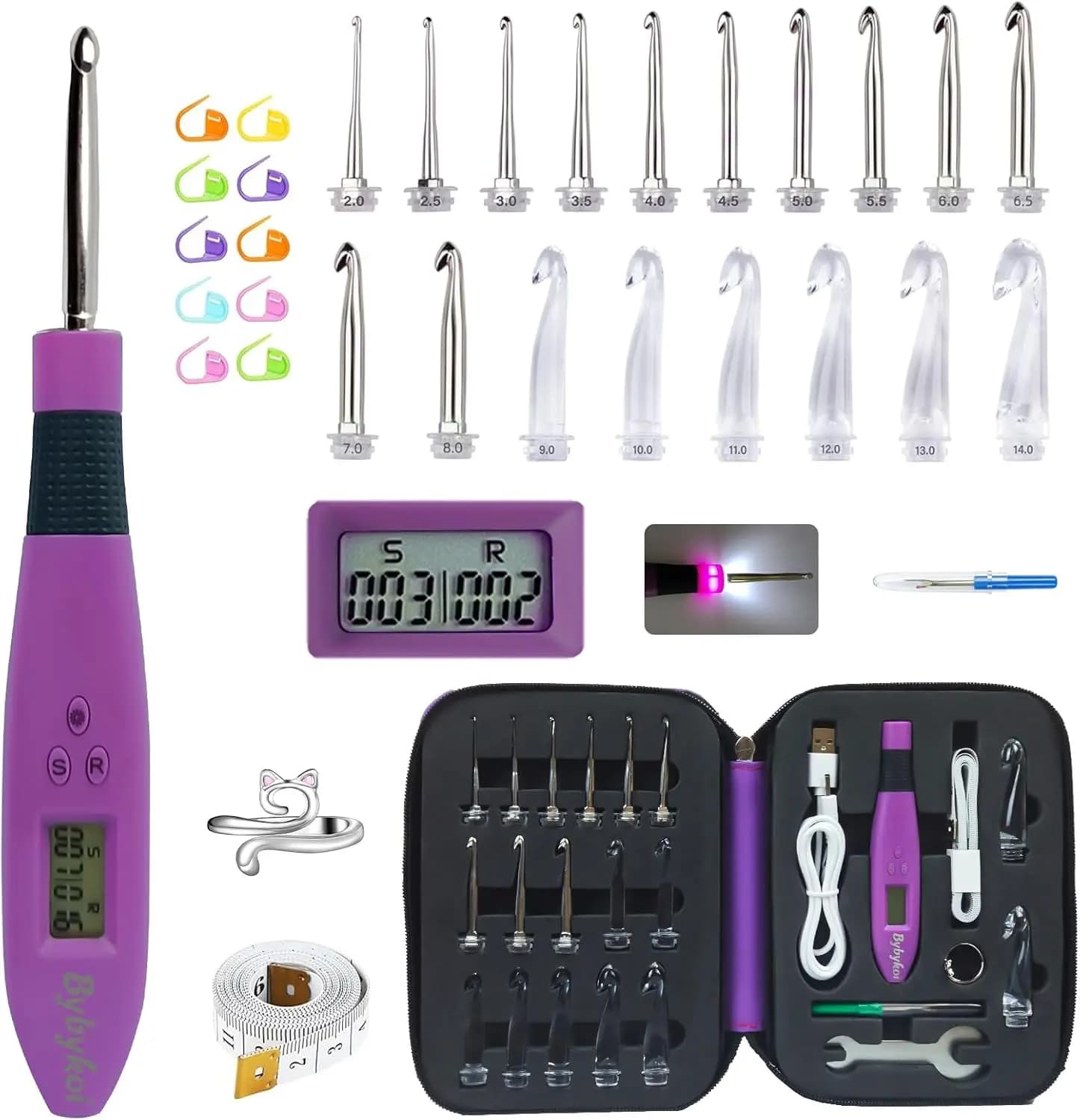 Set di Uncinetti Ricaricabili con Luce e Contatore - 18 Misure da 2.0mm a 14.0mm con Teste Intercambiabili per Regali di Lavoro a Maglia