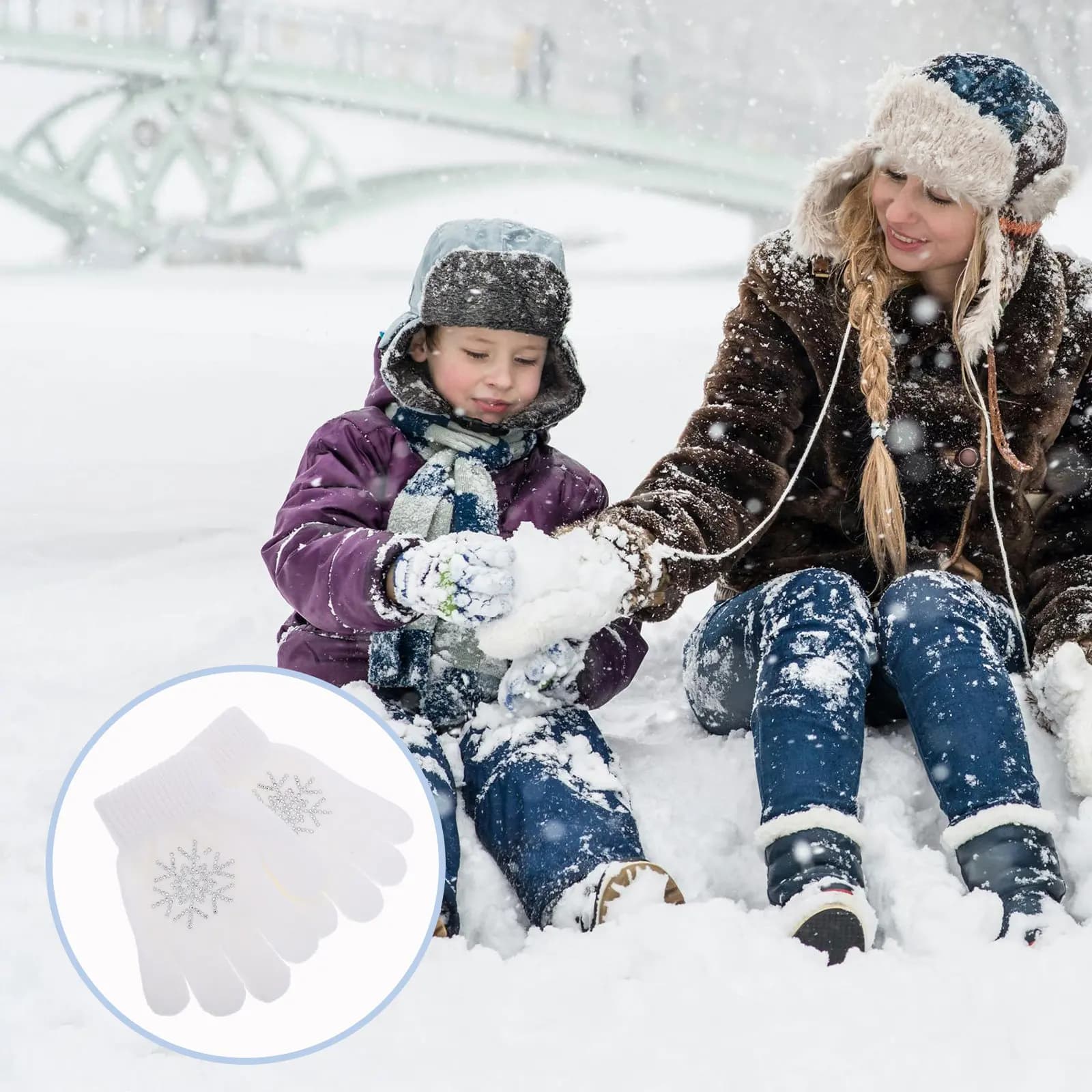 1 paio di guanti da pattinaggio sul ghiaccio, guanti invernali in maglia spessa con design a fiocco di neve con strass, guanti antiscivolo per la pratica della gara di pattinaggio