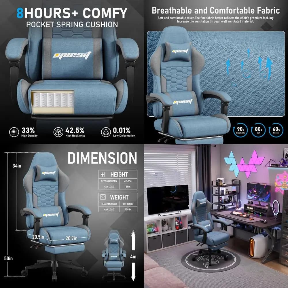 Sedia da computer ergonomica in tessuto con supporto lombare, massaggiatore, poggiapiedi e cuscino a molle, supporta fino a 400 libbre (blu)
