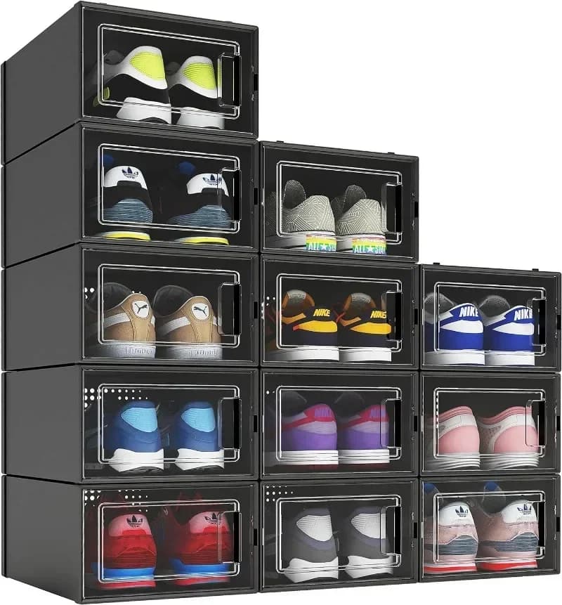 Confezione da 12 scatole per organizer per scarpe Contenitori per scarpe impilabili in plastica nera per armadio, vetrina per scarpe salvaspazio