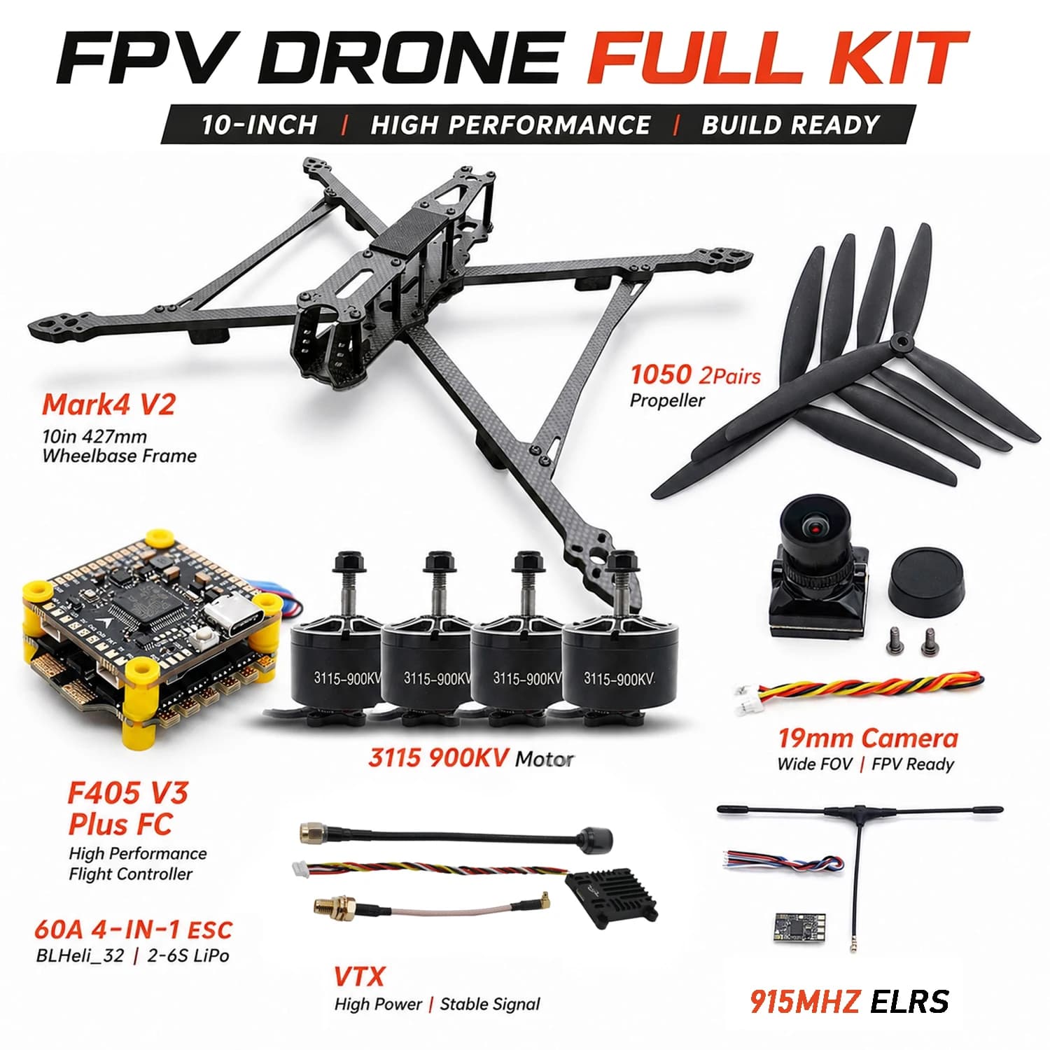 Mark4 V2 10in 427mm Wheelbase Frame 3115 900KV Motor F405 V3 Plus FC 60A 4-IN-1 ESC Propeller 19mm Camera VTX for RC FPV Drone