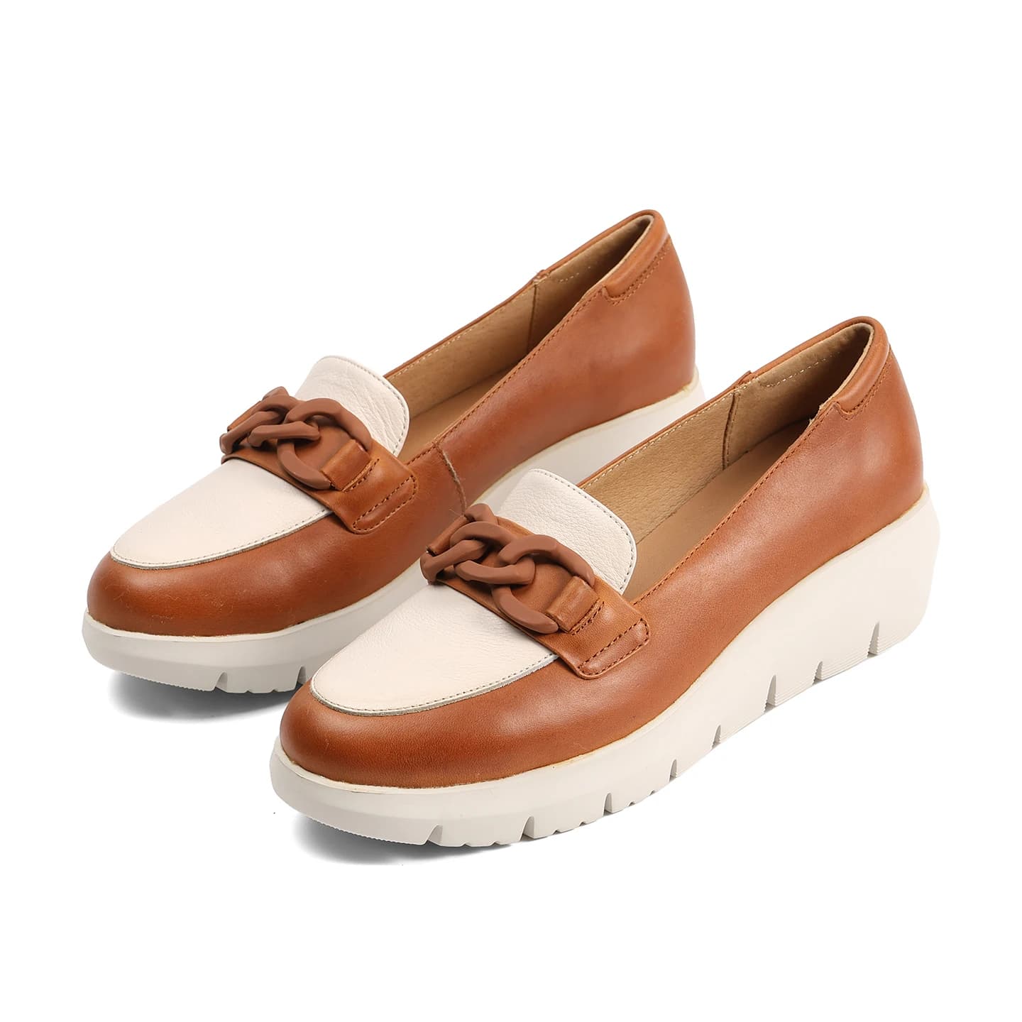 Keerygo Women's Color Block Genuine Leather Loafers, Ultra Light Thick Wedge Heel Comfort Office Shoes, Black/Brown