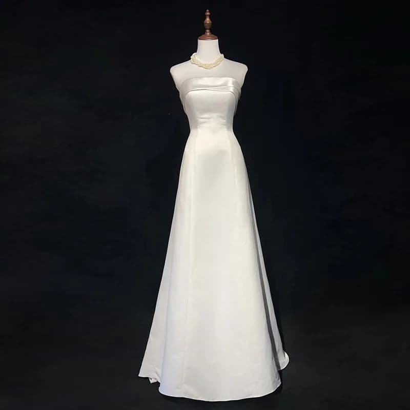 Abito da sposa in raso bianco per donna Abito da sposa con strascico Abiti da sera semplici coreani Abito formale Abiti eleganti da donna