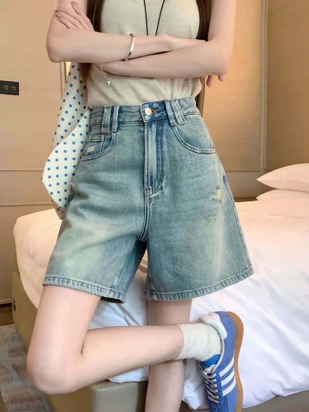 High Waist Wide Leg Five-Pointed Short Jeans Women's Summer New Style Retro Hole Denim Shorts plus Size Loose Slimming Pants