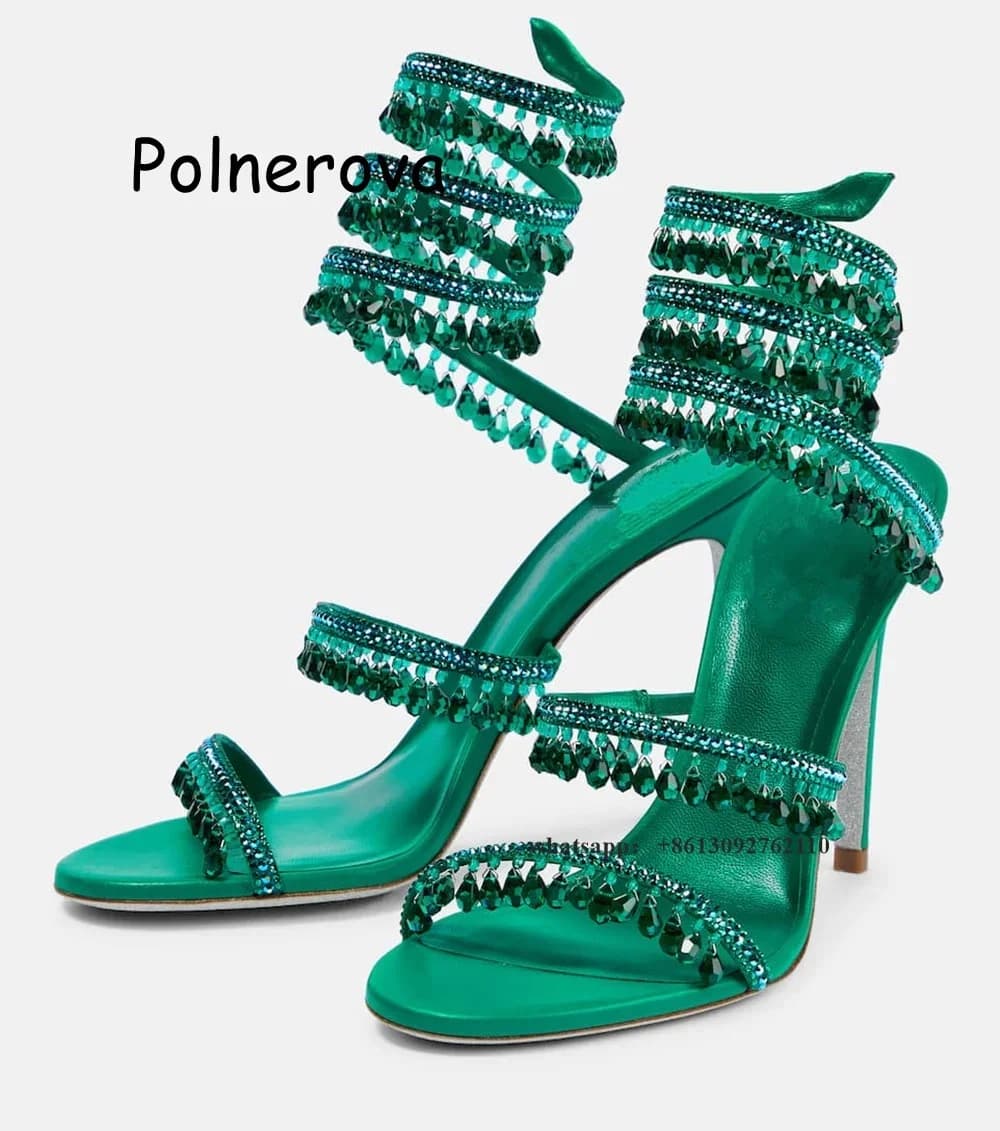 Sandals with snake-shaped strap with rhinestones Women's shoes with crystal pendant Slender high heels Hot summer shoes for casual parties