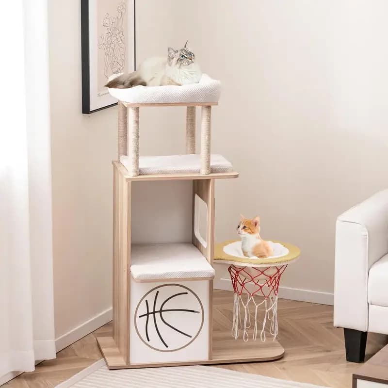 Albero per Gatti in Legno da 47 Pollici con Cuccia a 2 Piani e Amaca con Canestro da Basket - Naturale