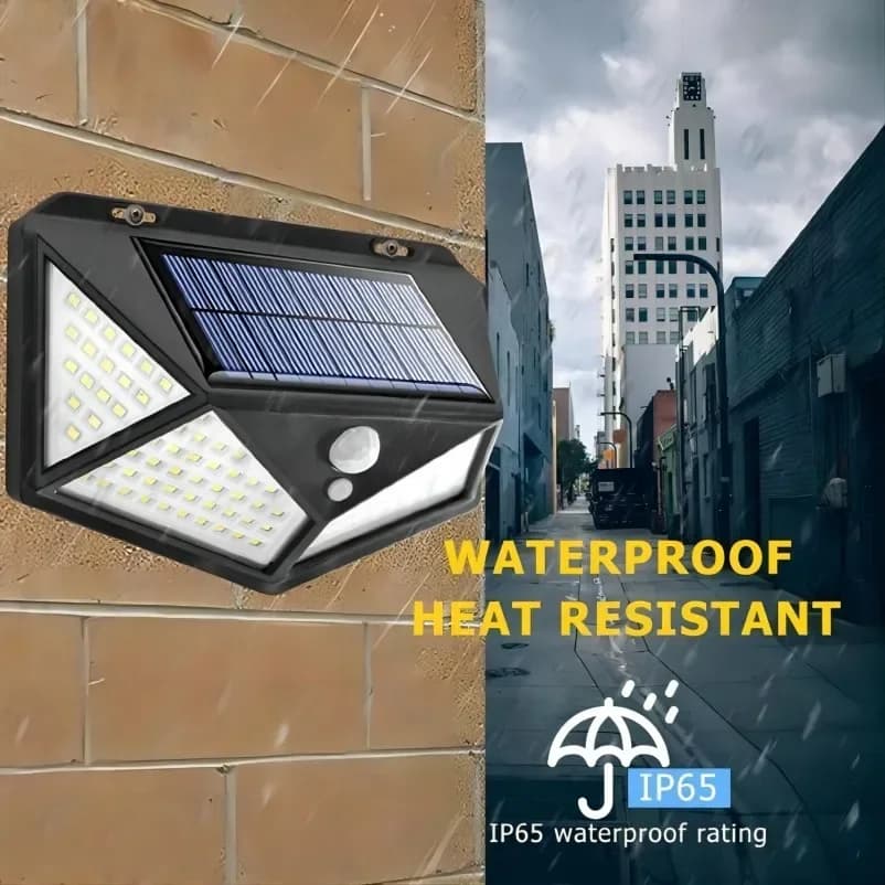 Lampada Solare da Parete per Esterni con Sensore di Movimento, 100 LED, Impermeabile, Illuminazione su 4 Lati