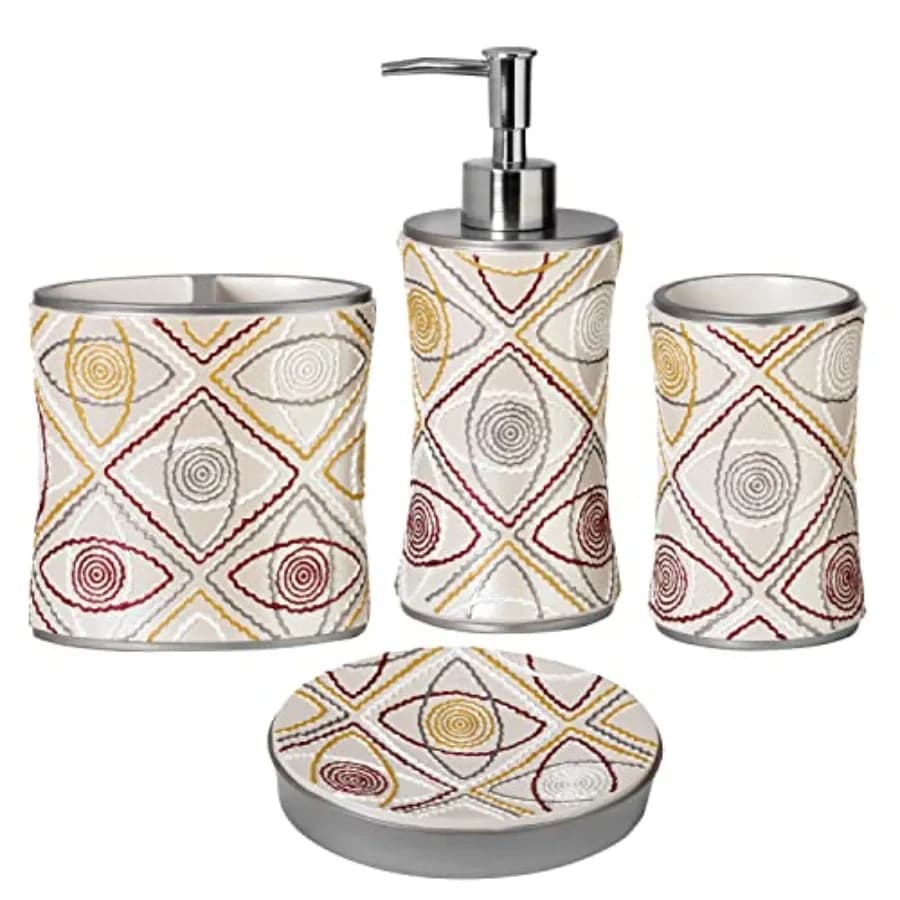 Set di 4 Accessori Bagno Eleganti Sedona con Dispenser Sapone Doccia, Bicchiere, Porta Spazzolino e Porta Dentifricio