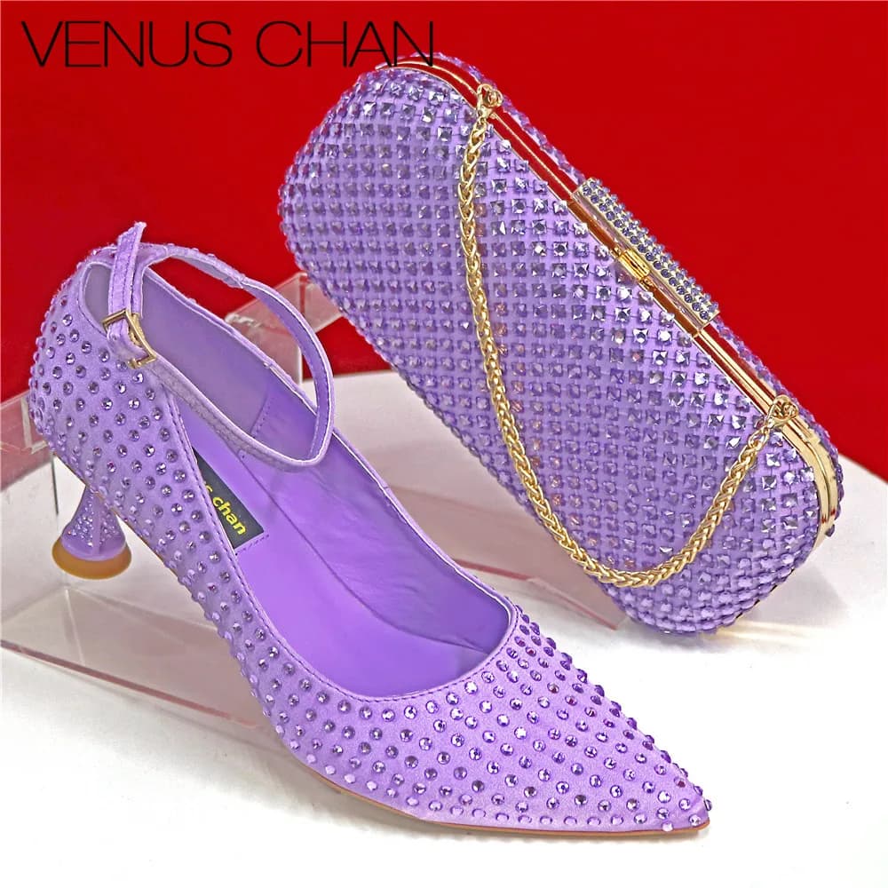 Scarpe da festa e pochette da donna estive di lusso con strass rosa - Eleganti tacchi in cristallo con borsa da sera abbinata