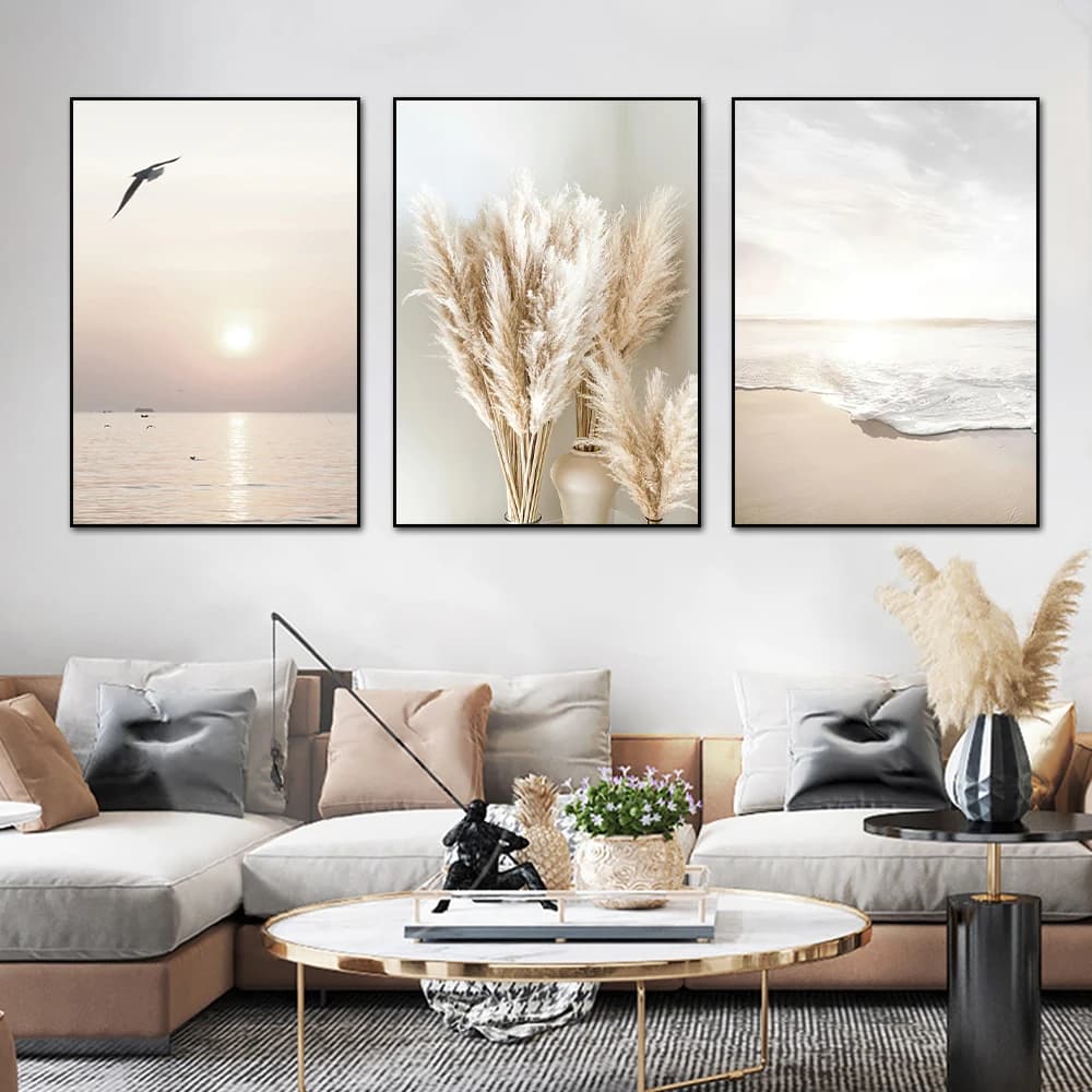 3pcs Sunrise Beach Sea Wave Beige Landscape Canvas Prints Perfect Natural Scenery Plant Seaside Posters For Living Room Wall
