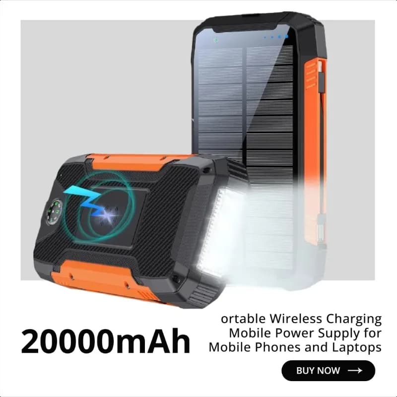 Power Bank Solare con Cavo Integrato 20000mAh, Caricabatterie Portatile Wireless per Telefoni Cellulari e Laptop