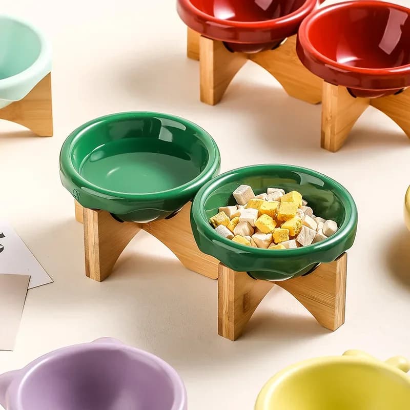 Ceramic Dog Food Pet Flying Saucer BD Wooden Elevated Stand Cat Drinking Bowl
