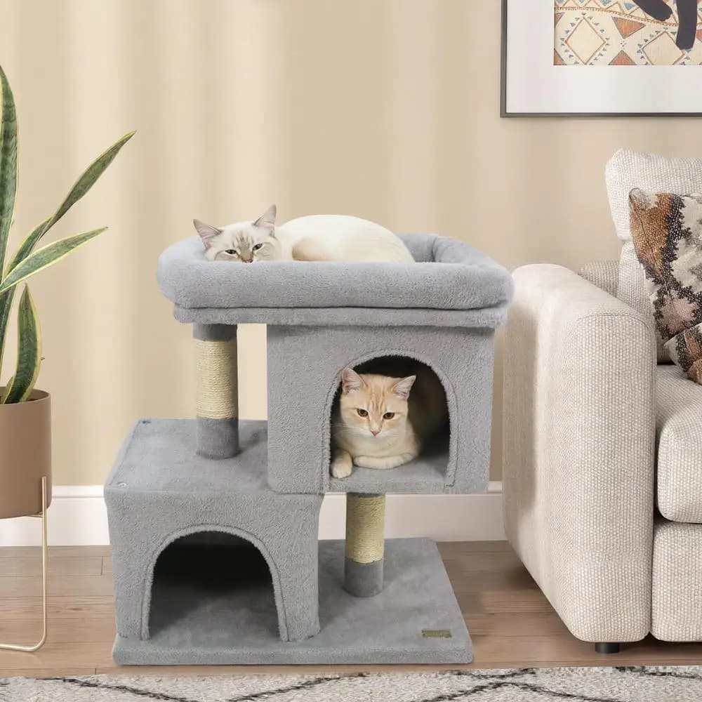 Modern Cat Tree With Sisal Scratching Posts And 2 Condos, Upholstered Top Perch, Sturdy Wooden Structure, Multi-Level Activity Tower For Small Apartments, Gray