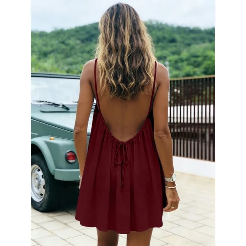 Nuovo Abito Estivo da Donna 2026, Monocolore, con Spalline Sottili, Schiena Scoperta, Mini Abito Svasato Fluido, Elegante Vestito da Spiaggia per Vacanze EU/US