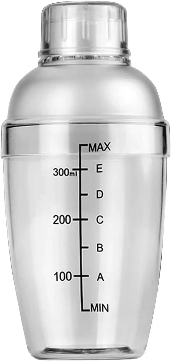 Shaker per Cocktail in Plastica Trasparente con Scala Graduata e Filtro, 350ml per Uso Domestico e Bar