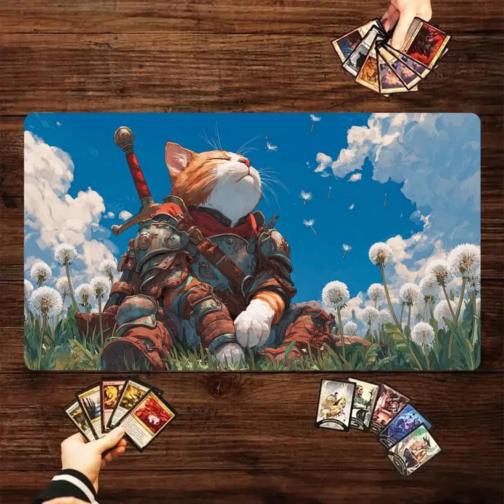 Tappetino da gioco MTG in stile anime con gatto cavaliere, base antiscivolo 35x60 cm, tappetini da gioco per TCG