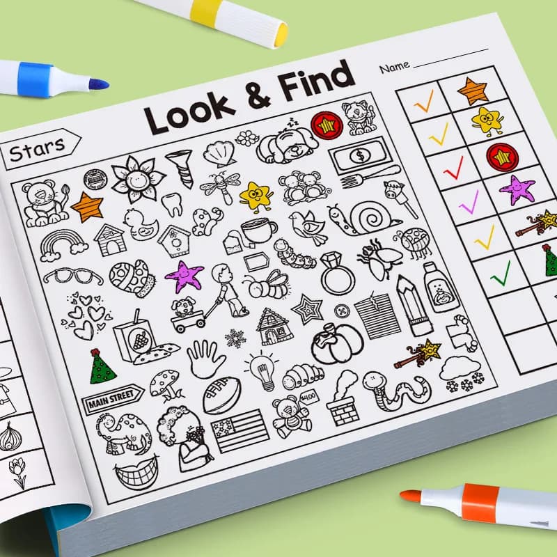 Libro da colorare per oggetti nascosti per bambini I bambini trovano oggetti Libro da colorare e disegno Flashcard educativa, quaderno di esercizi per la scrittura a mano