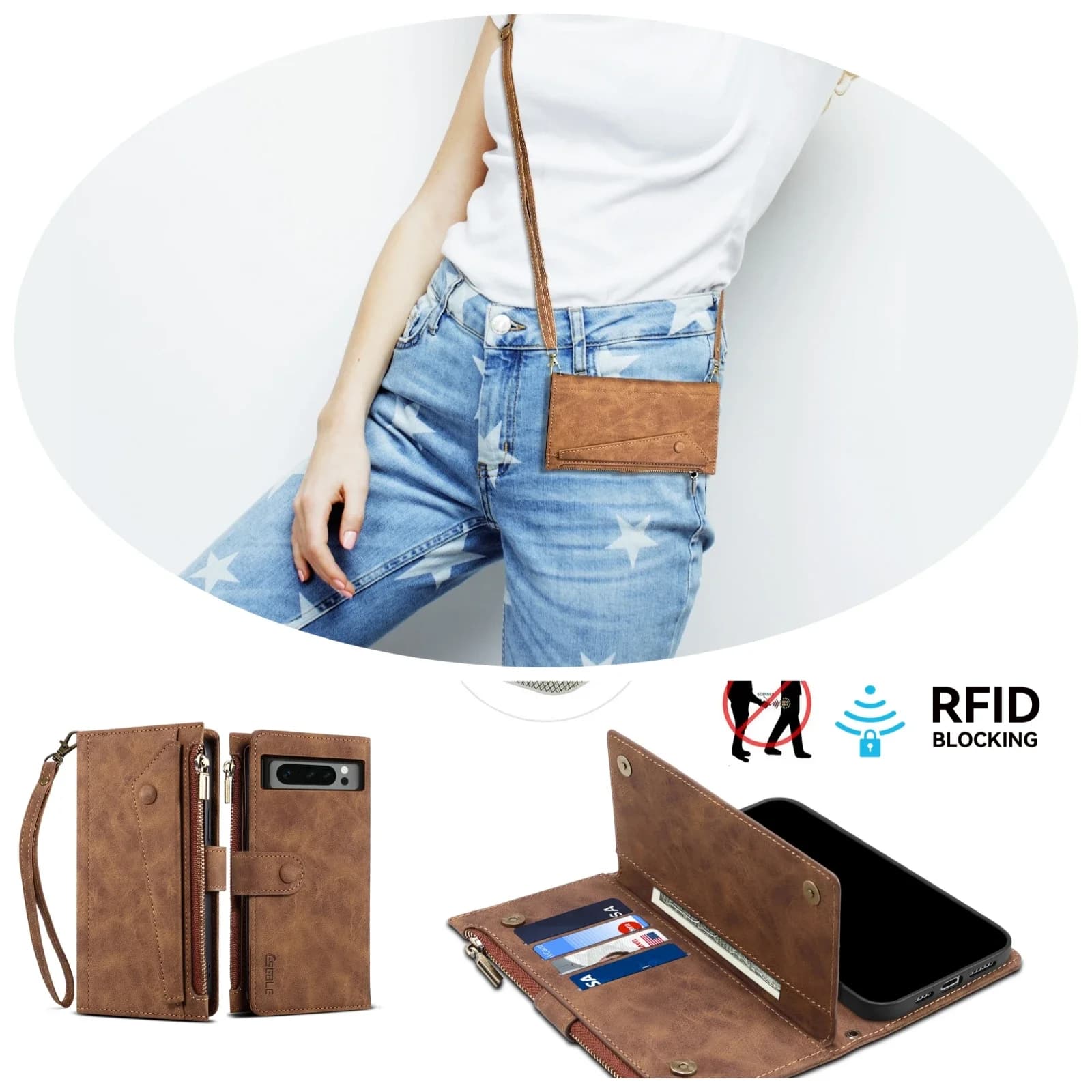 Custodia per telefono con carta a portafoglio con cerniera in pelle a tracolla per Google Pixel 9 Pro XL 8Pro 8A 6 PRO 6A Custodia con cordino RFID Functio per 7 PRO