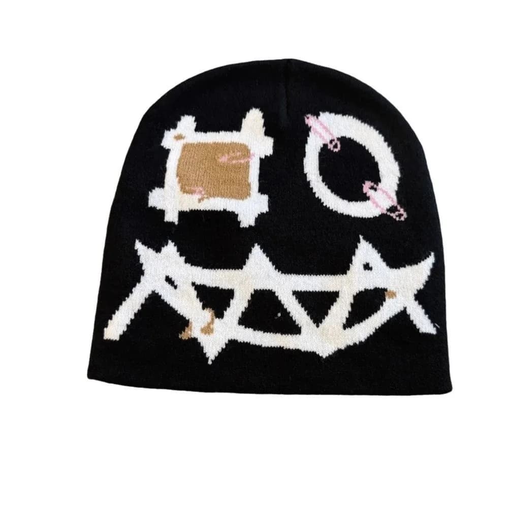 Printed Pattern Printed Pin Beanie Winter Warmth Acrylic Yarn Ghost Mask Cap Flat Design High Elasticity Demon Face Hat