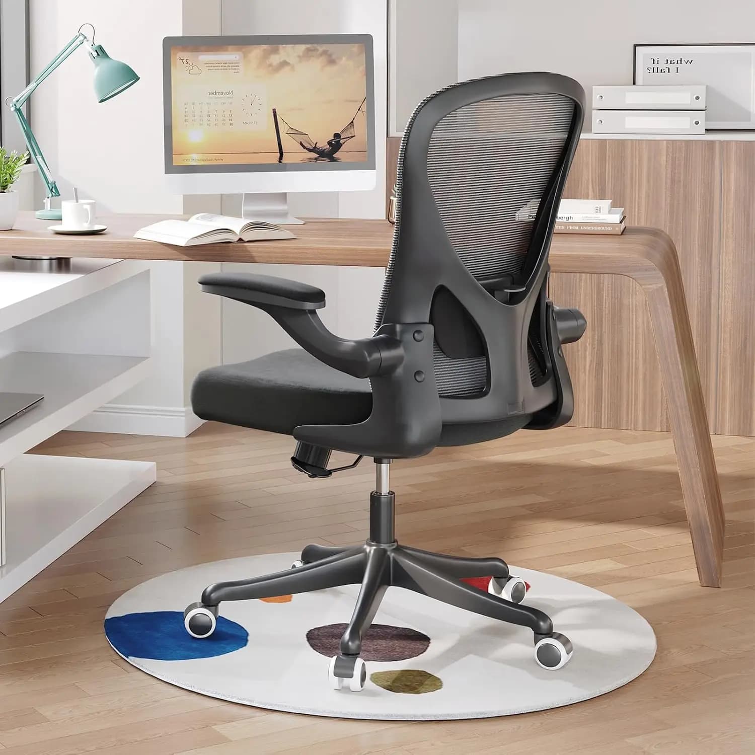 Sedia da Ufficio Ergonomica con Braccioli Regolabili e Ribaltabili, Supporto Lombare, Cuscino Spesso, Ruote, per Uso Domestico e Ufficio, Personalizzabile
