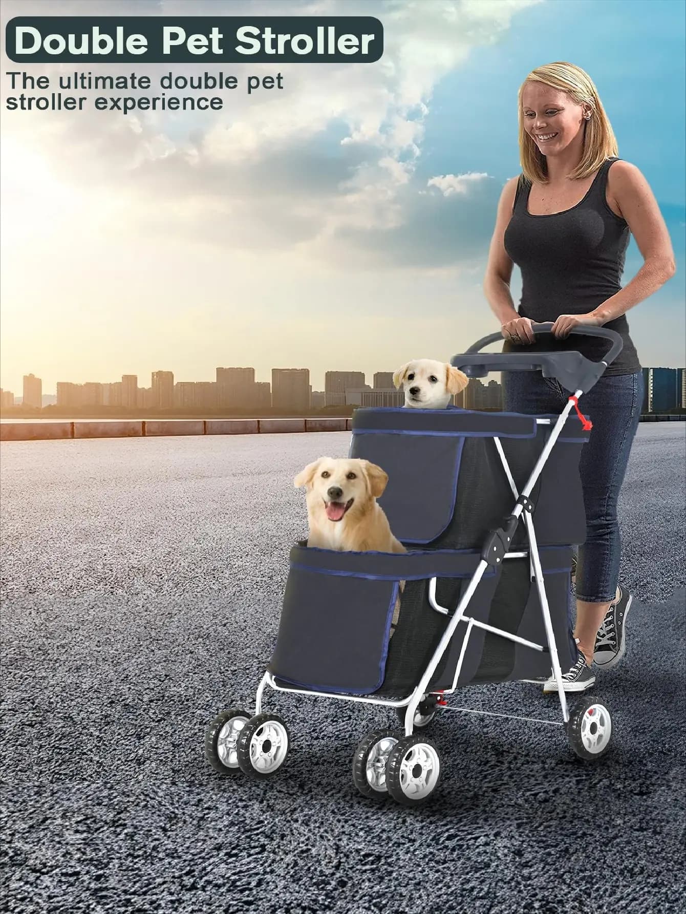 Dog Stroller Cat Pet Carriers Bag Jogger For Small Medium Dogs Cats Travel Camping 4 Wheels Lightweight Waterproof Folding Crate With Soft Pad