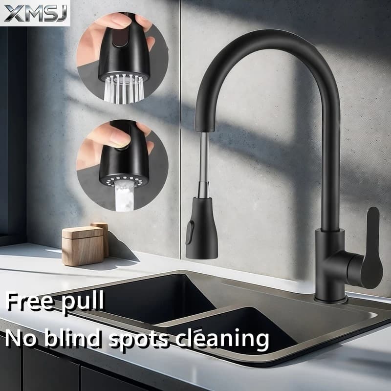 Kitchen Faucets Brushed Nickel Pull Out Kitchen Sink Water Tap Deck Mounted Mixer Stream Sprayer Head Hot Cold Taps Sliver